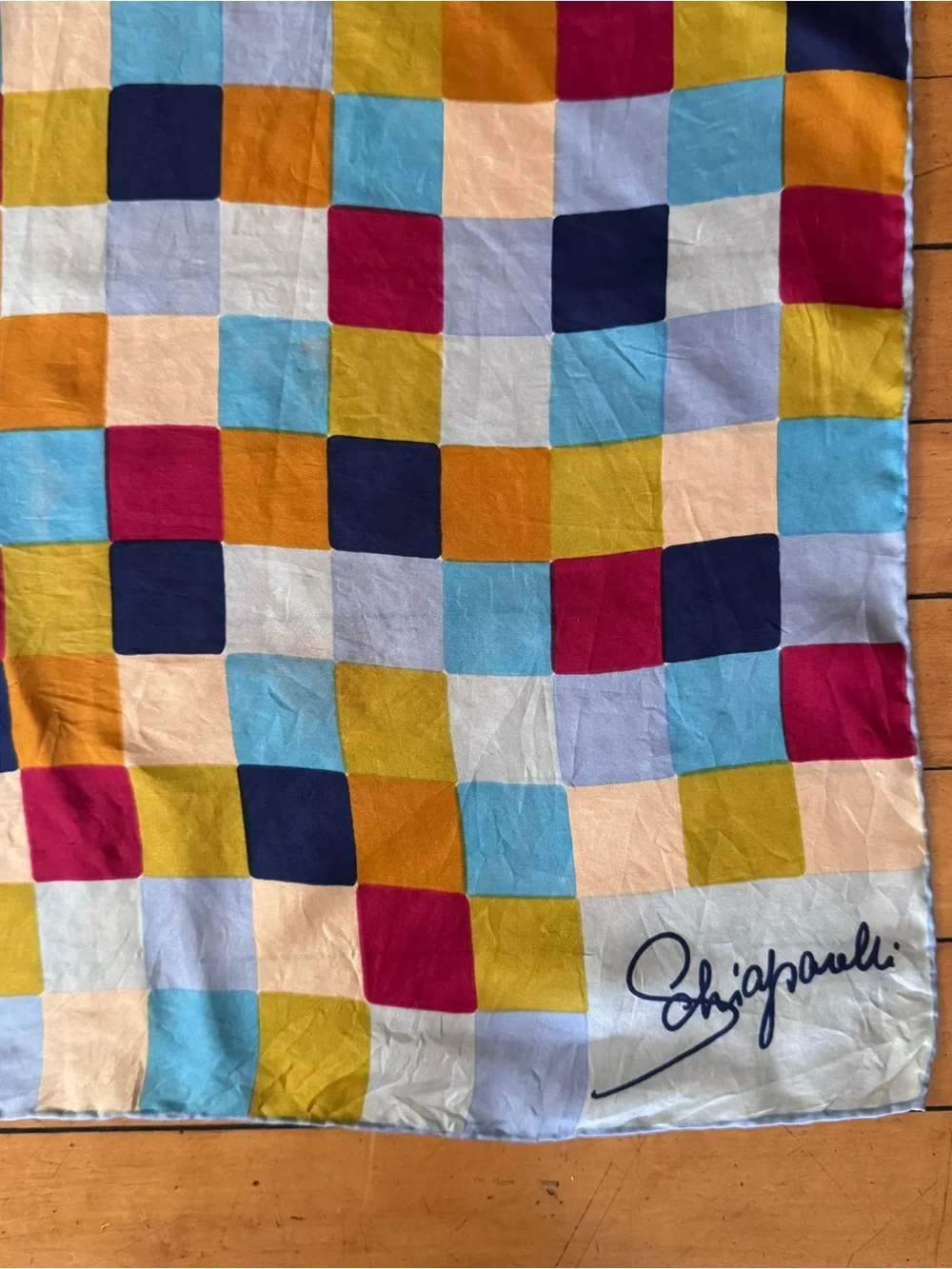 Vintage Schiaparelli Silk Square Scarf Colorful Blocks Hand Sewn Edges 22